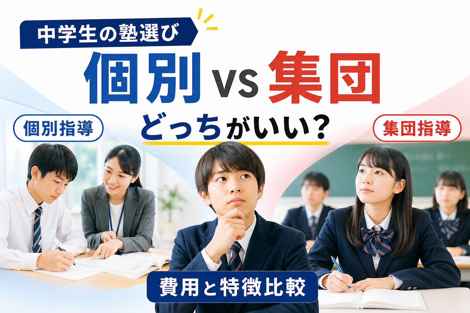 中学生の塾選び 個別vs集団どっちがいい?費用と特徴比較のイメージ