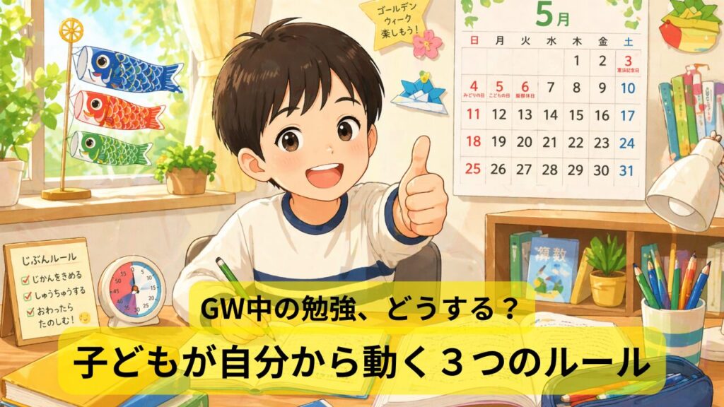 GWの勉強どうする？「じぶんルール」で楽しく取り組む小学生のイラスト