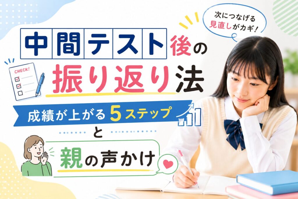 中間テスト後の振り返りをする中学生のイメージ
