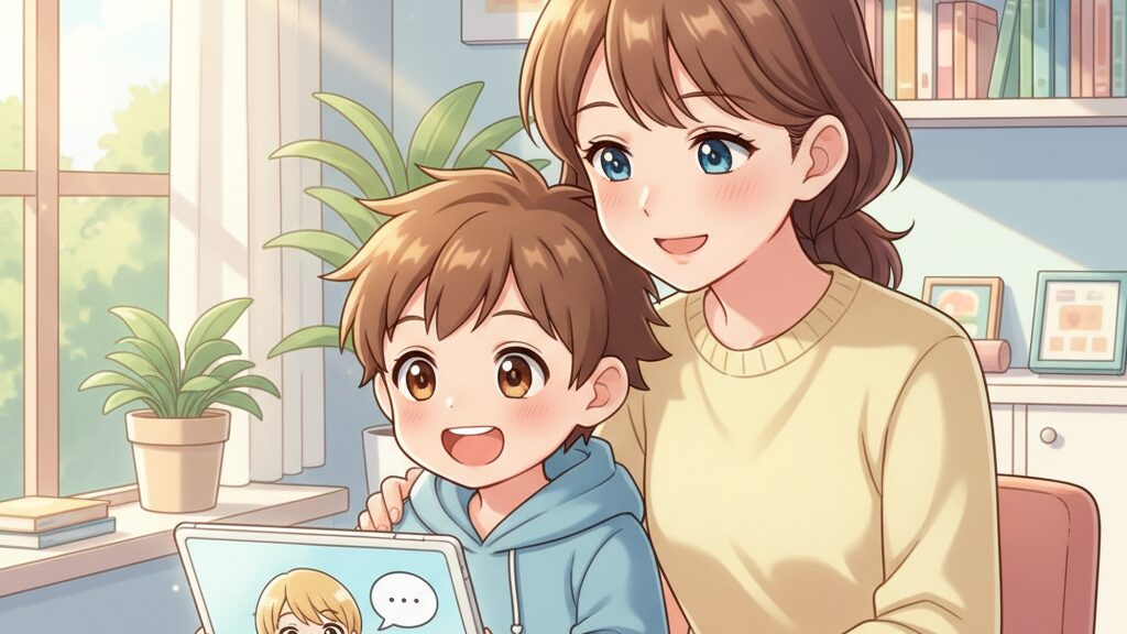 新しい学習方法を見つけて笑顔になる親子のイラスト