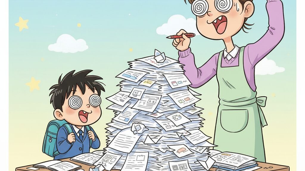ECCジュニアの宿題の多さに目を回す親子のイラスト