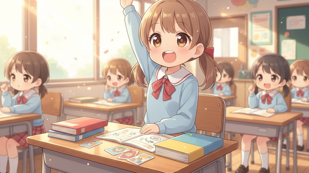 ECCジュニアの教室で楽しそうに英語を学ぶ小学生の女の子のイラスト