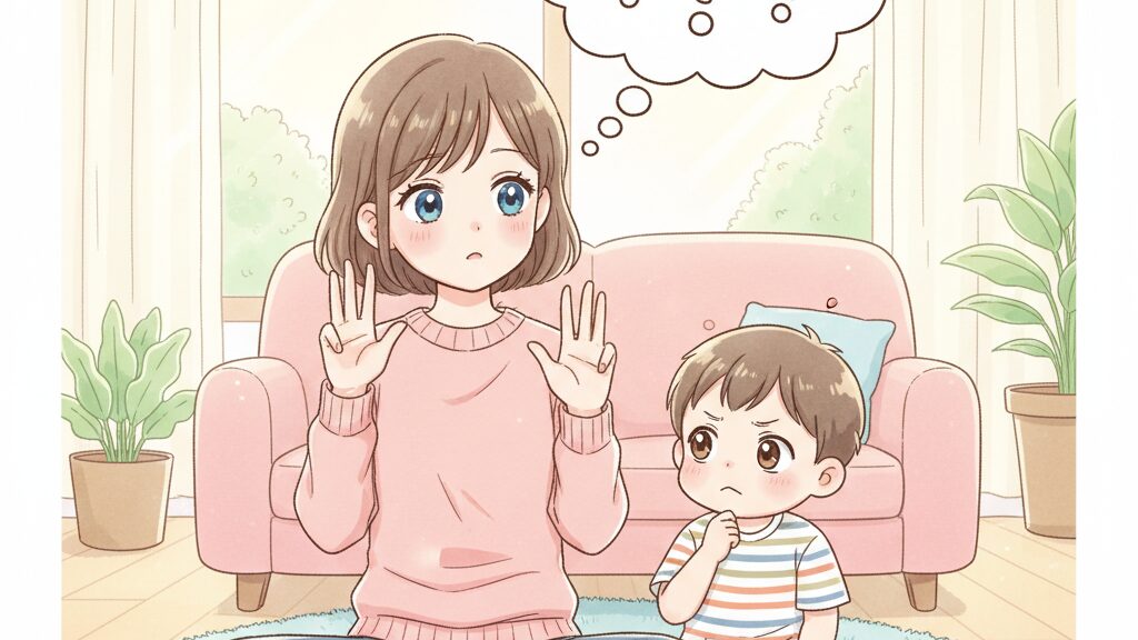 やめたい理由を考えながら指折り数える親子のイラスト