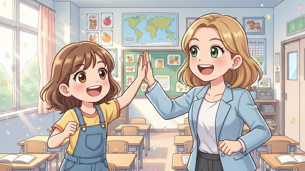ECCジュニアの教室で先生とハイタッチする笑顔の小学生