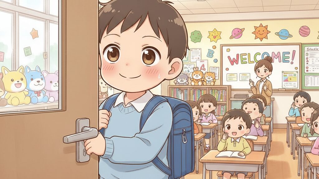 ドキドキしながら英語教室のドアを開ける小学4年生
