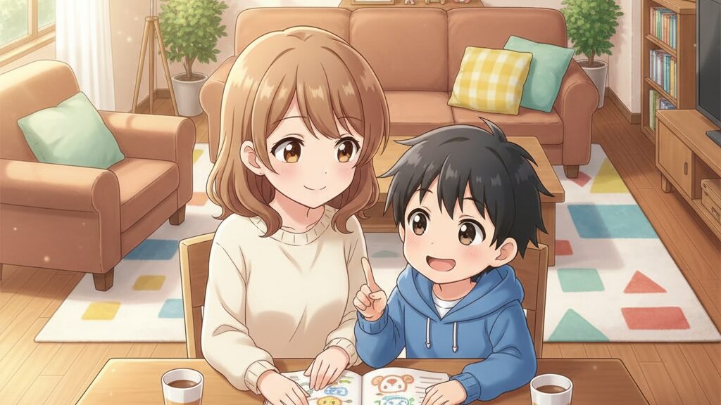 親子でECCジュニアの学習成果を振り返っている温かい雰囲気のイラスト