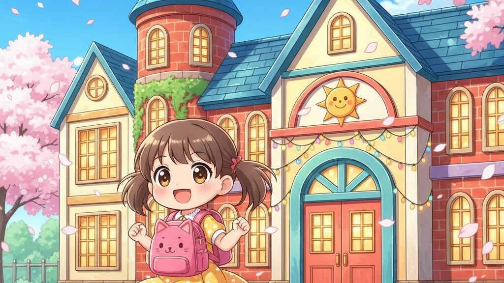 ECCジュニアの体験教室にワクワクしながら向かう小学生の女の子のイラスト