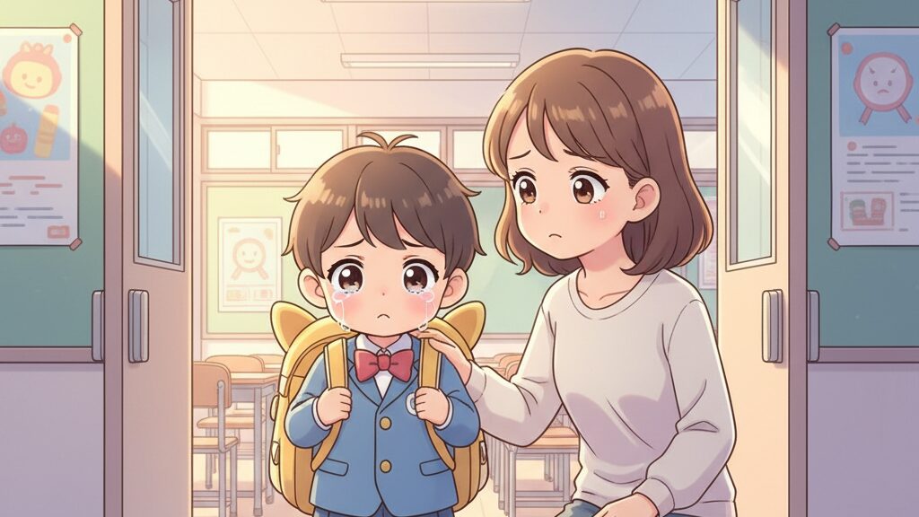 教室の前でうつむく子どもと心配そうに見守る保護者のイラスト
