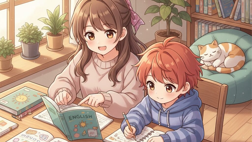 親子で英検対策に取り組むイメージイラスト
