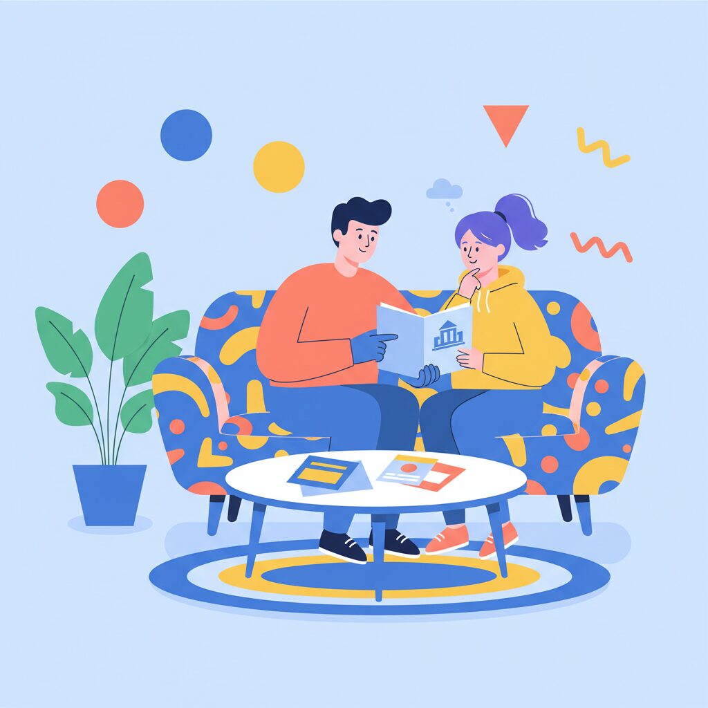 親子がソファでパンフレットを見ている場面のイラスト