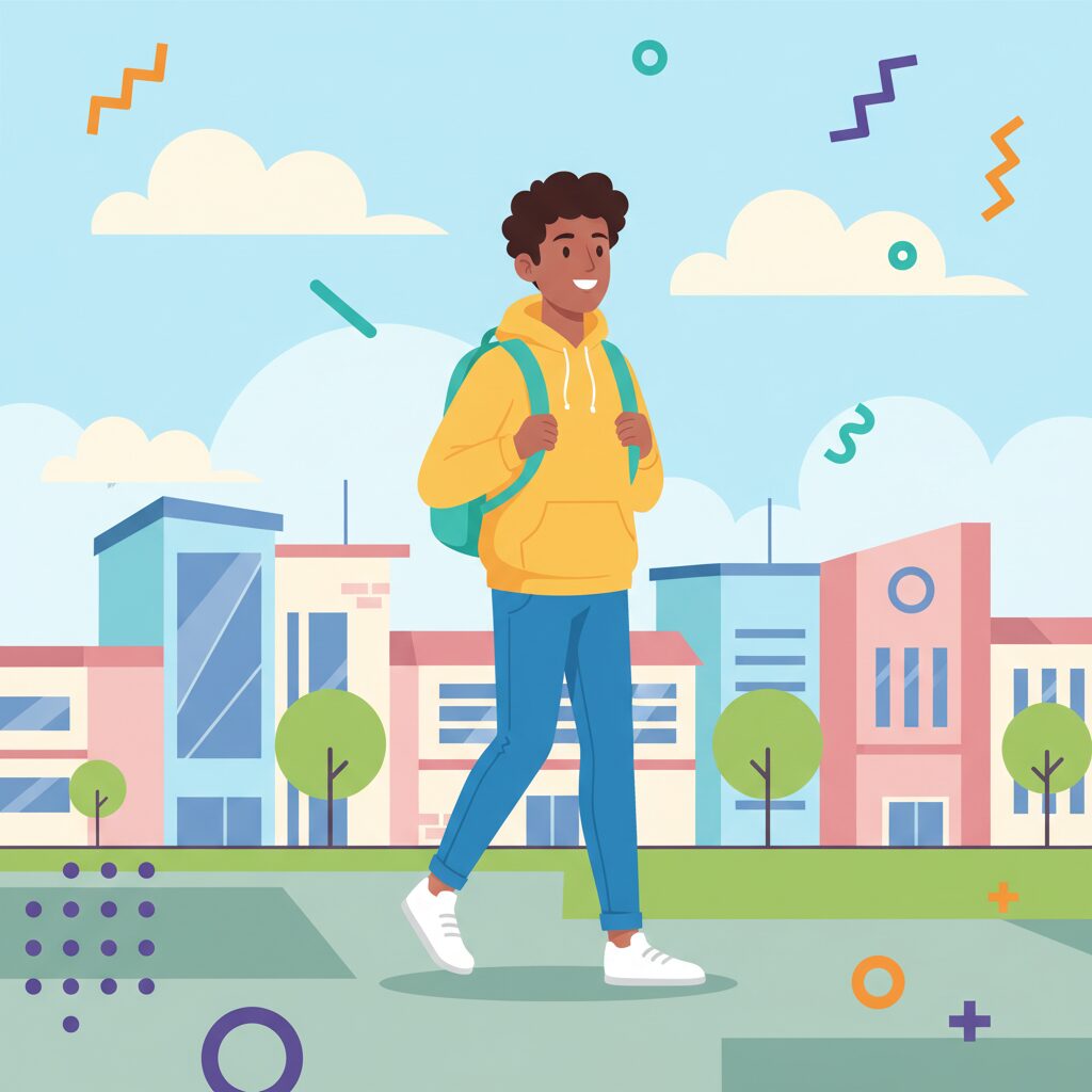 大学キャンパスに向かって歩き出す高校生のイラスト