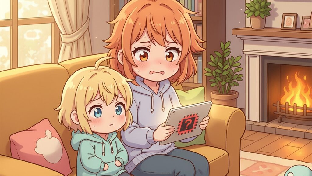 タブレットを見て悩む親子のイラスト
