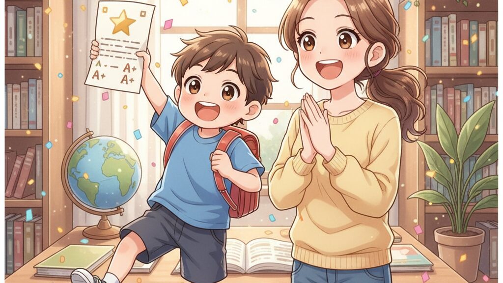 テストの成果を喜ぶ親子のイラスト