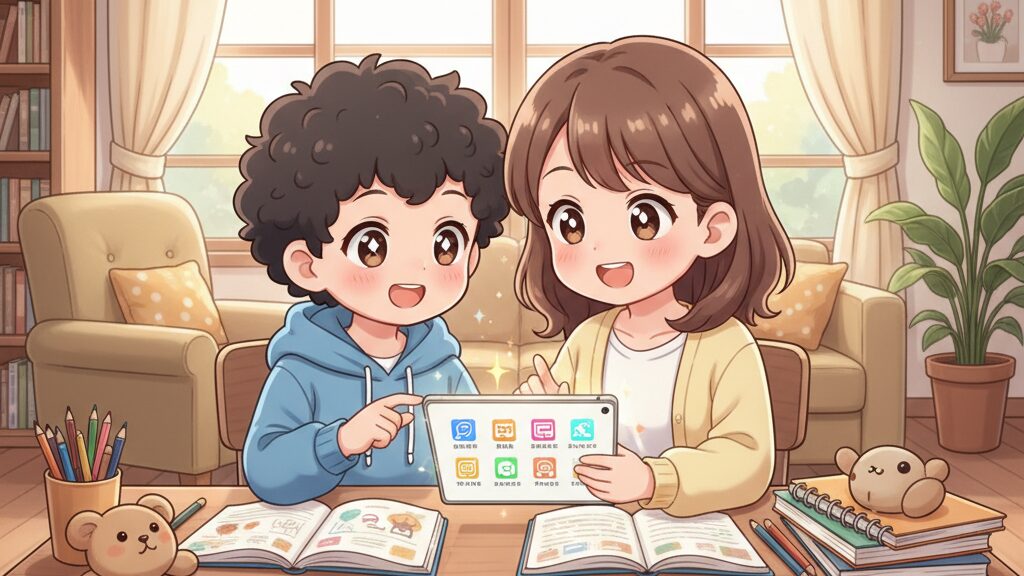 親子でタブレットを見ながら通信教育を比較しているイラスト