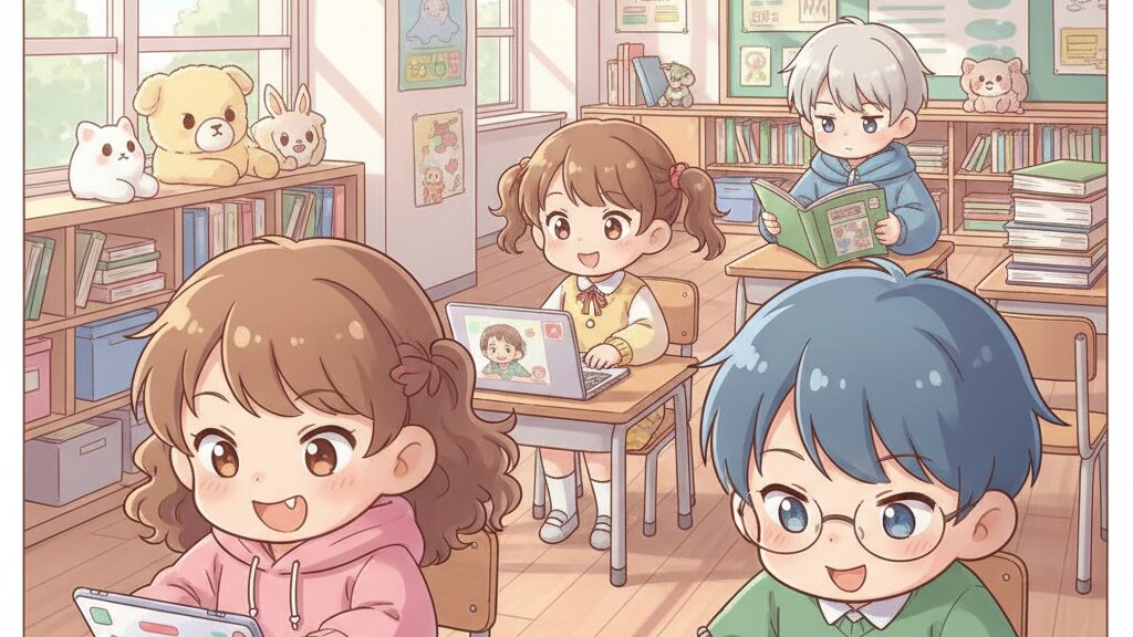 タブレットやワークブックなど様々なスタイルで勉強する子どもたちのイラスト
