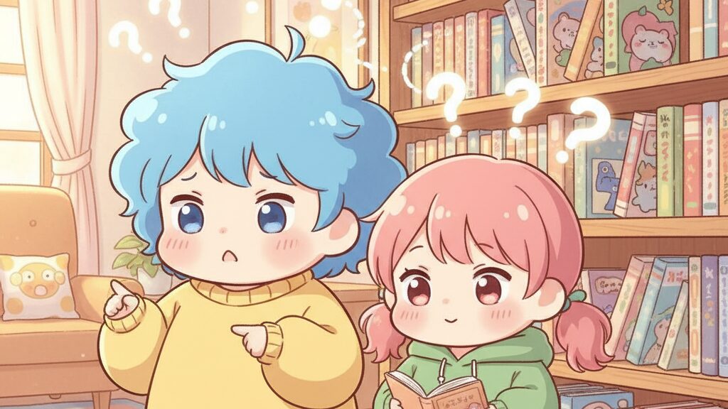 どの本を選ぶか悩む親子のイラスト