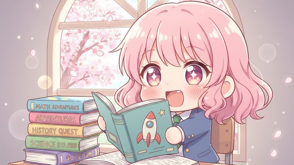 くにたて式の勉強法の本を手に取る中学生のイラスト