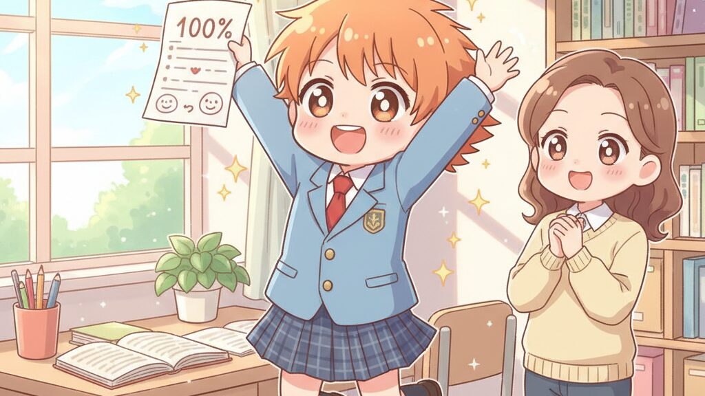 勉強の成果を喜ぶ中学生と親のイラスト
