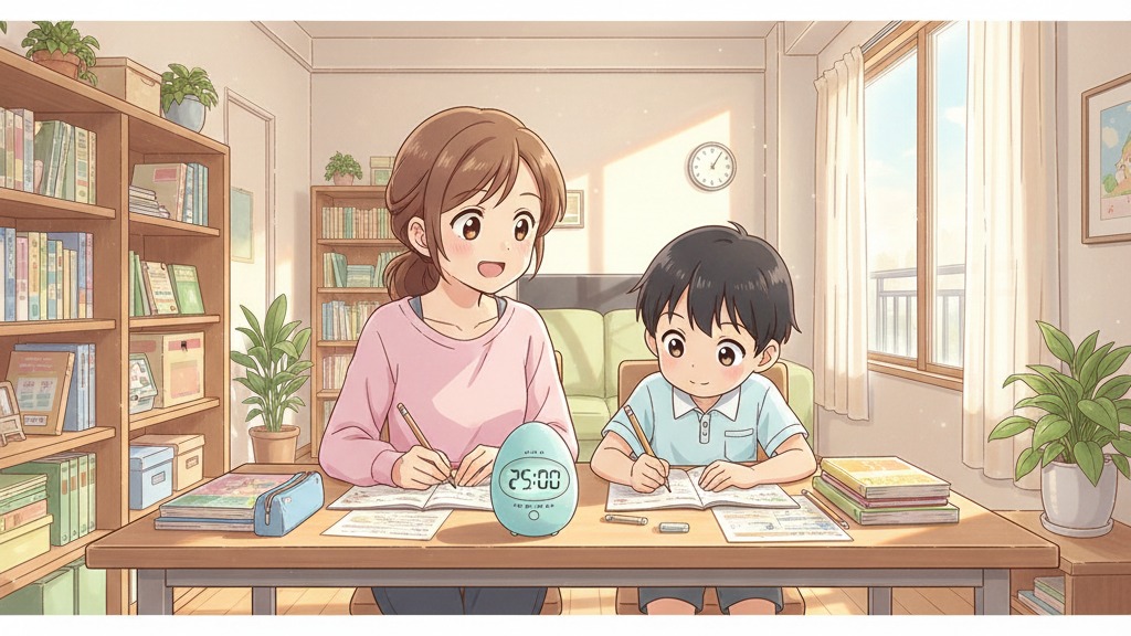 親子でタイマーを使って勉強するアニメイラスト