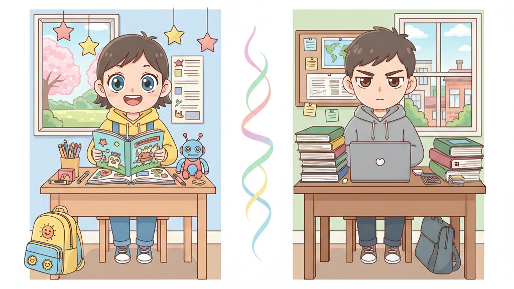 小学生と中学生の勉強スタイルのアニメイラスト