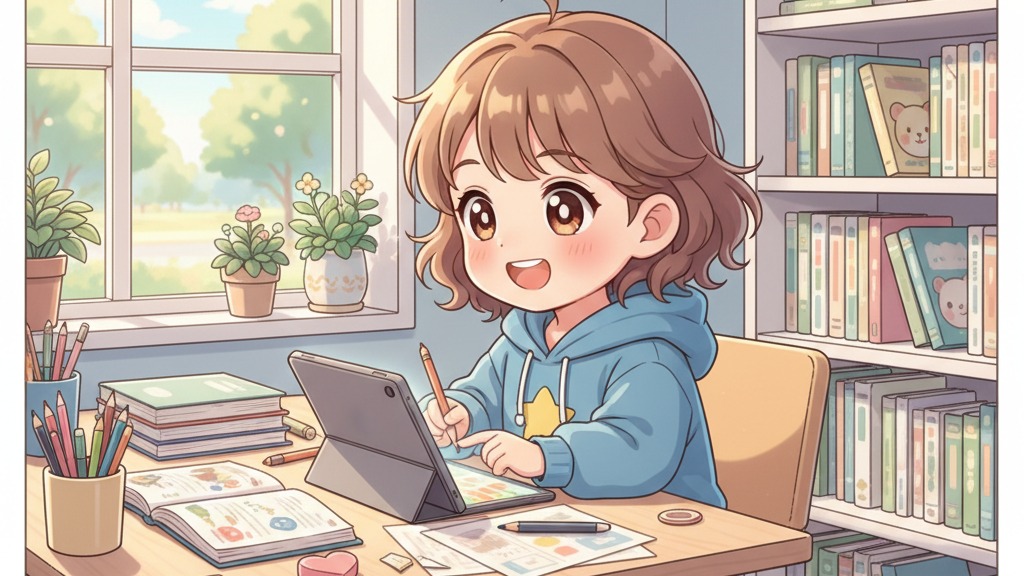 タブレットと教科書がある学習デスクのアニメイラスト